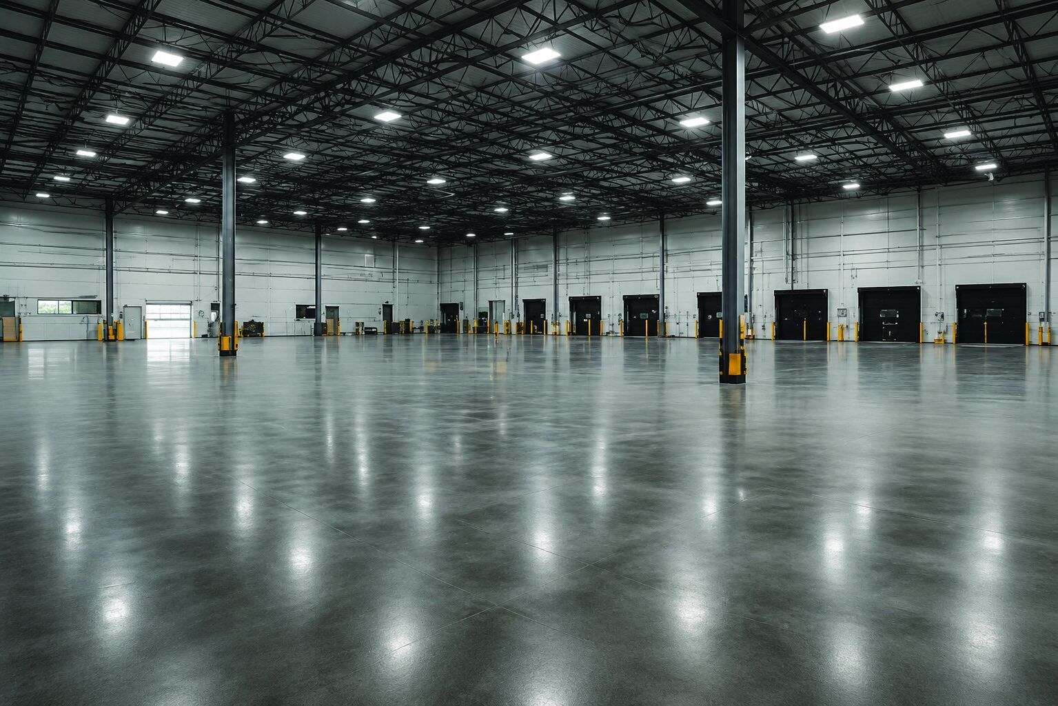 Large commercial warehouse with a polished concrete floor